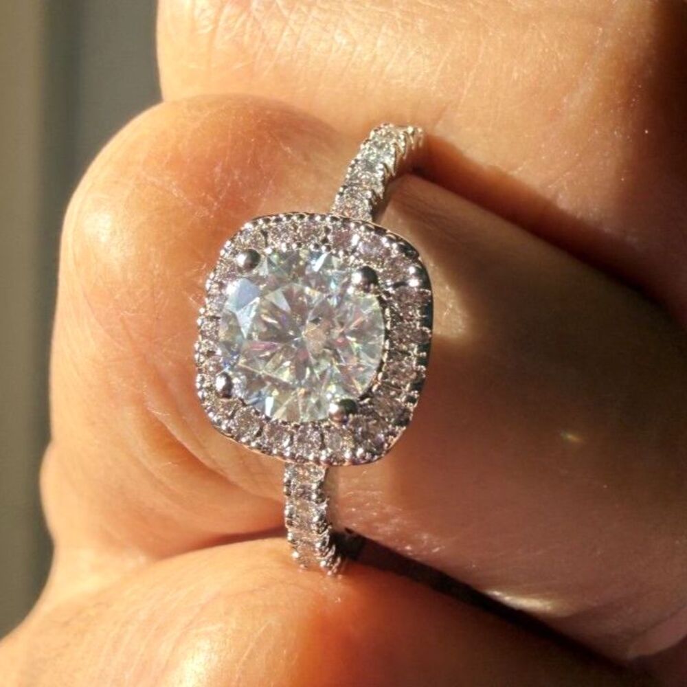 1.10CT Round Moissanite Cushion Halo Pavé Ring Rhodium Plated Size 8